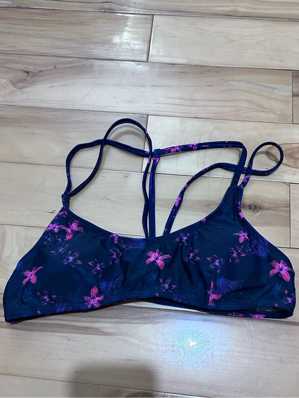 Floral Strappy Bathing Suit Top - Navy with Pink Print